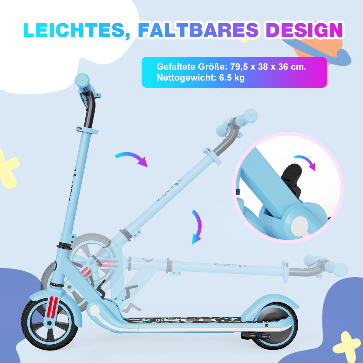 Jasnoniebieska hulajnoga w wielu pozycjach. Niebieskie, różowe i fioletowe pole tekstowe u góry opisuje składaną konstrukcję.