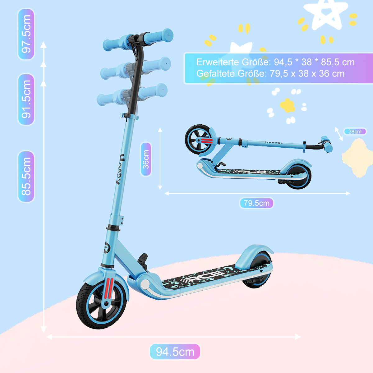 Niebieska hulajnoga z etykietami wymiarów: 94,5 cm długości, 97,5 cm wysokości i 38 cm szerokości.