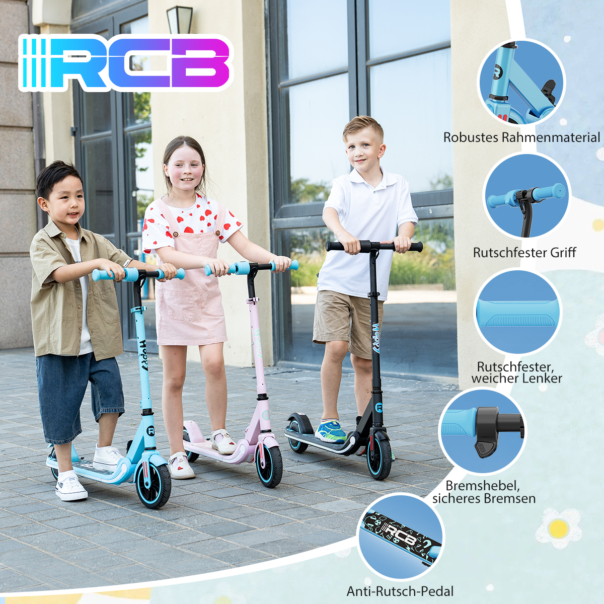 Trójka dzieci stoi ze skuterami. Jeden jest niebieski, jeden różowy, a jeden czarny. Tło ma szczegóły budynku i produktu.