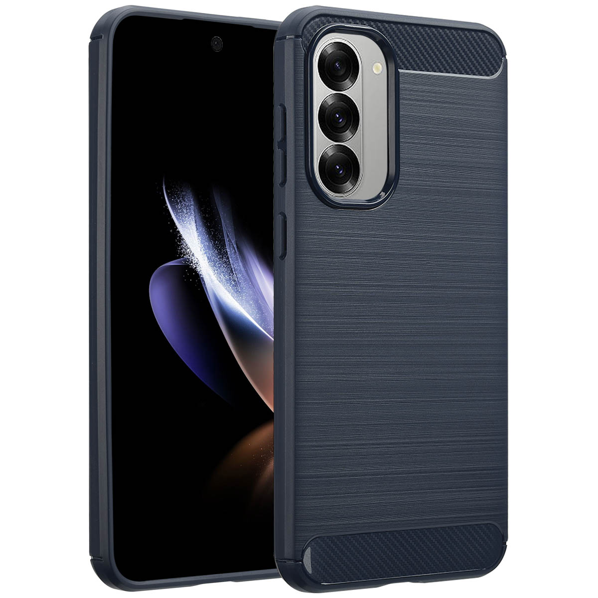 Blue phone case on phone. Dark background, with carbon fiber accents.