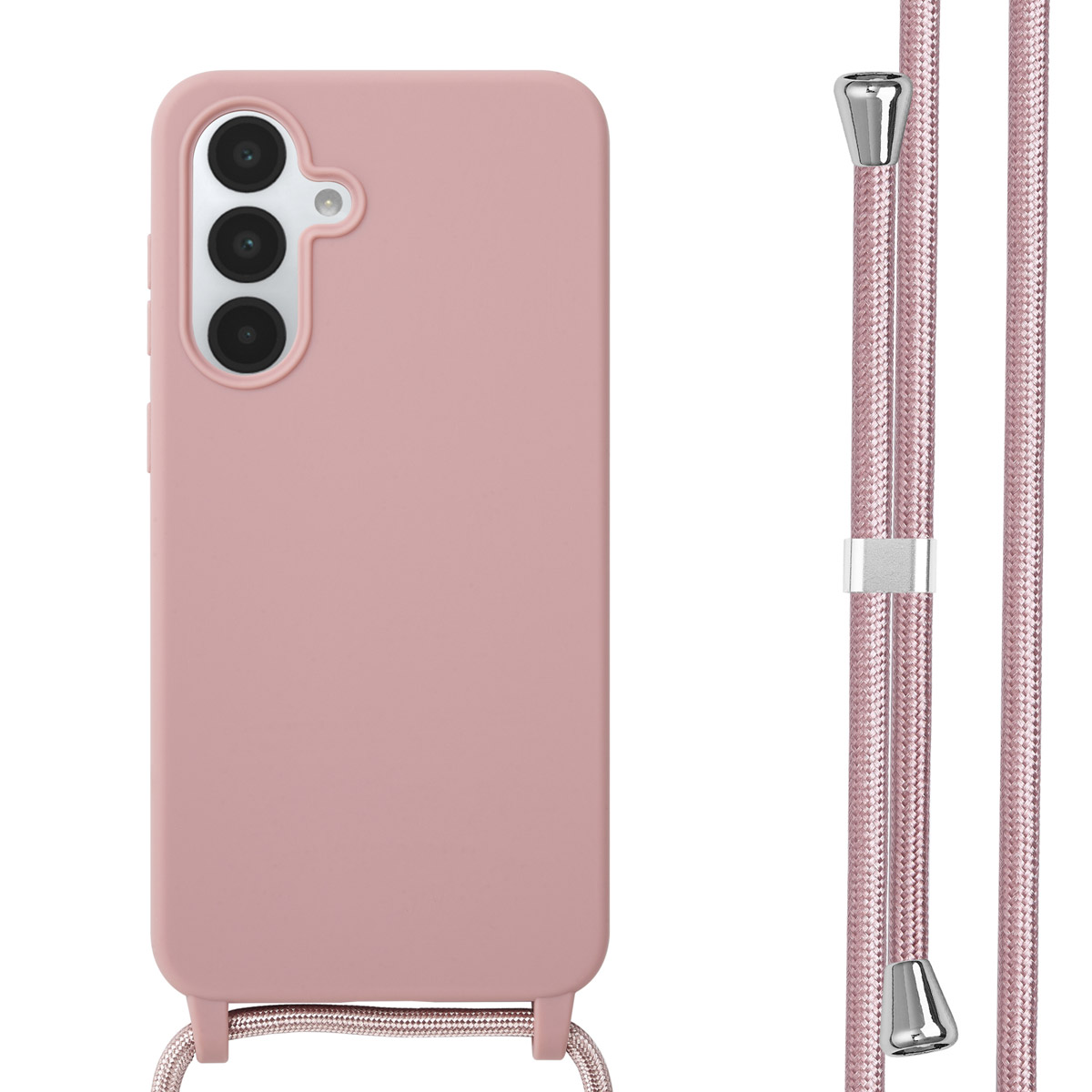 Roze telefoonhoesje met een riem, naast een bijpassende roze riem.