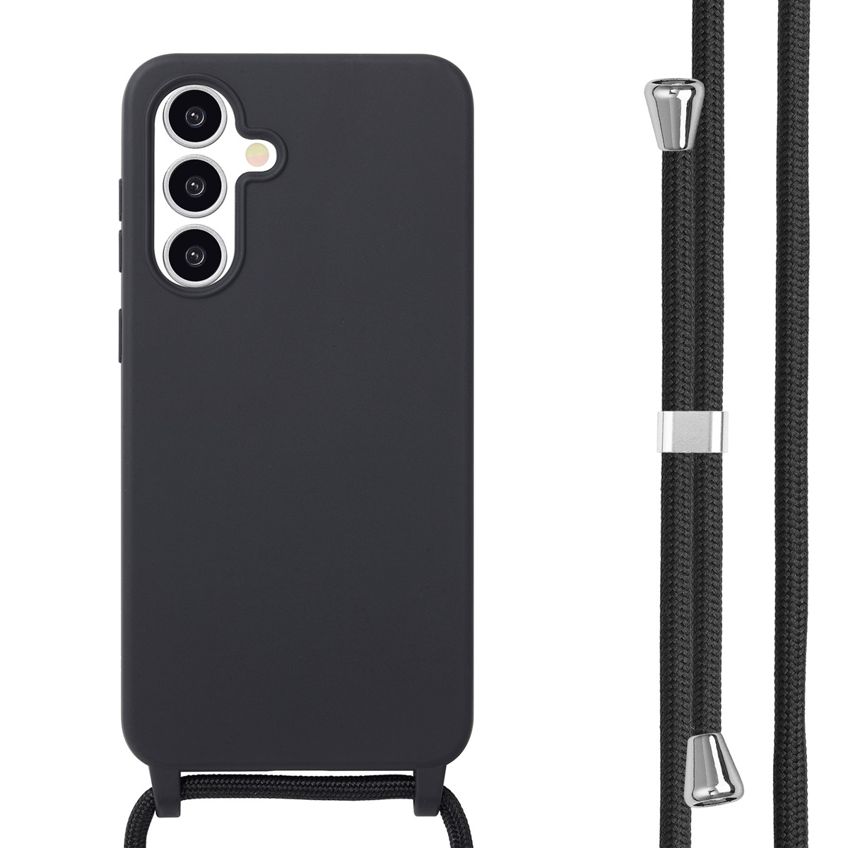Zwarte telefoonhoes met een zwart koord eraan. De hoes heeft geen ontwerp.