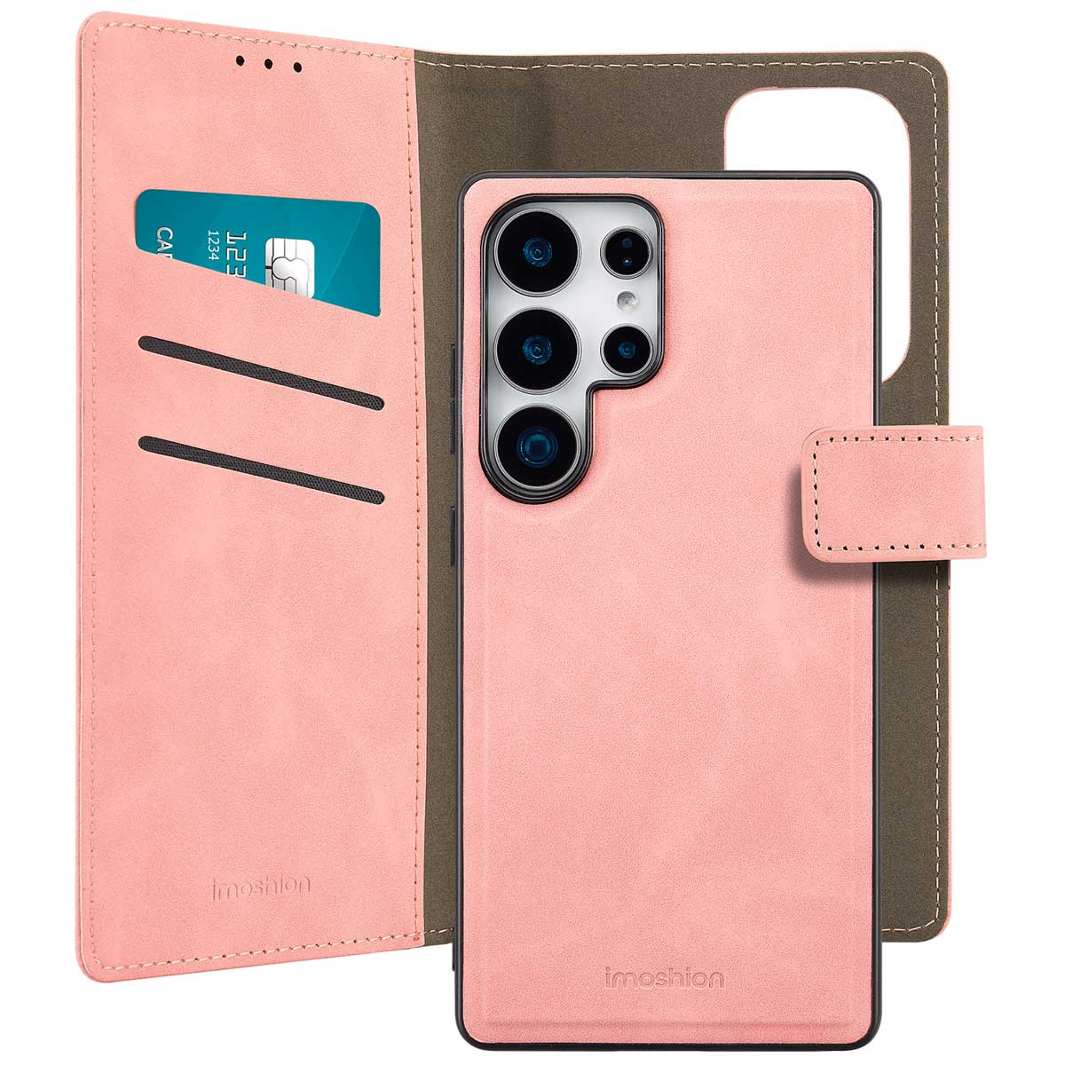 Roze telefoonhoes met telefoon en portemonnee-functie. De portemonnee toont een creditcard.