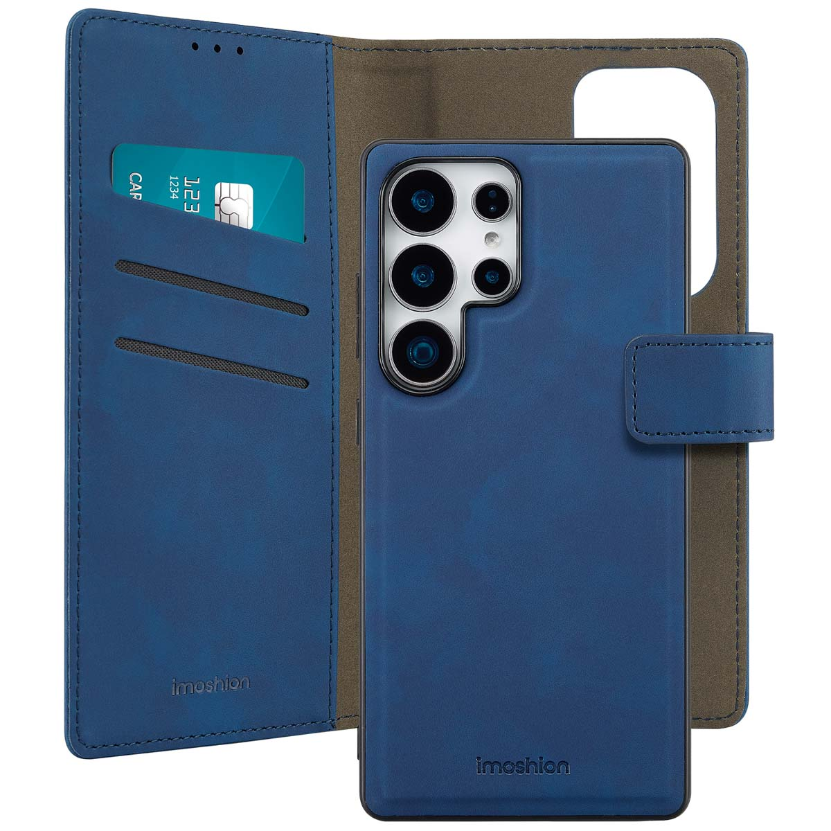 Blauwe leren telefoonhoes met creditcardvak en telefoon. Bruin van binnen.