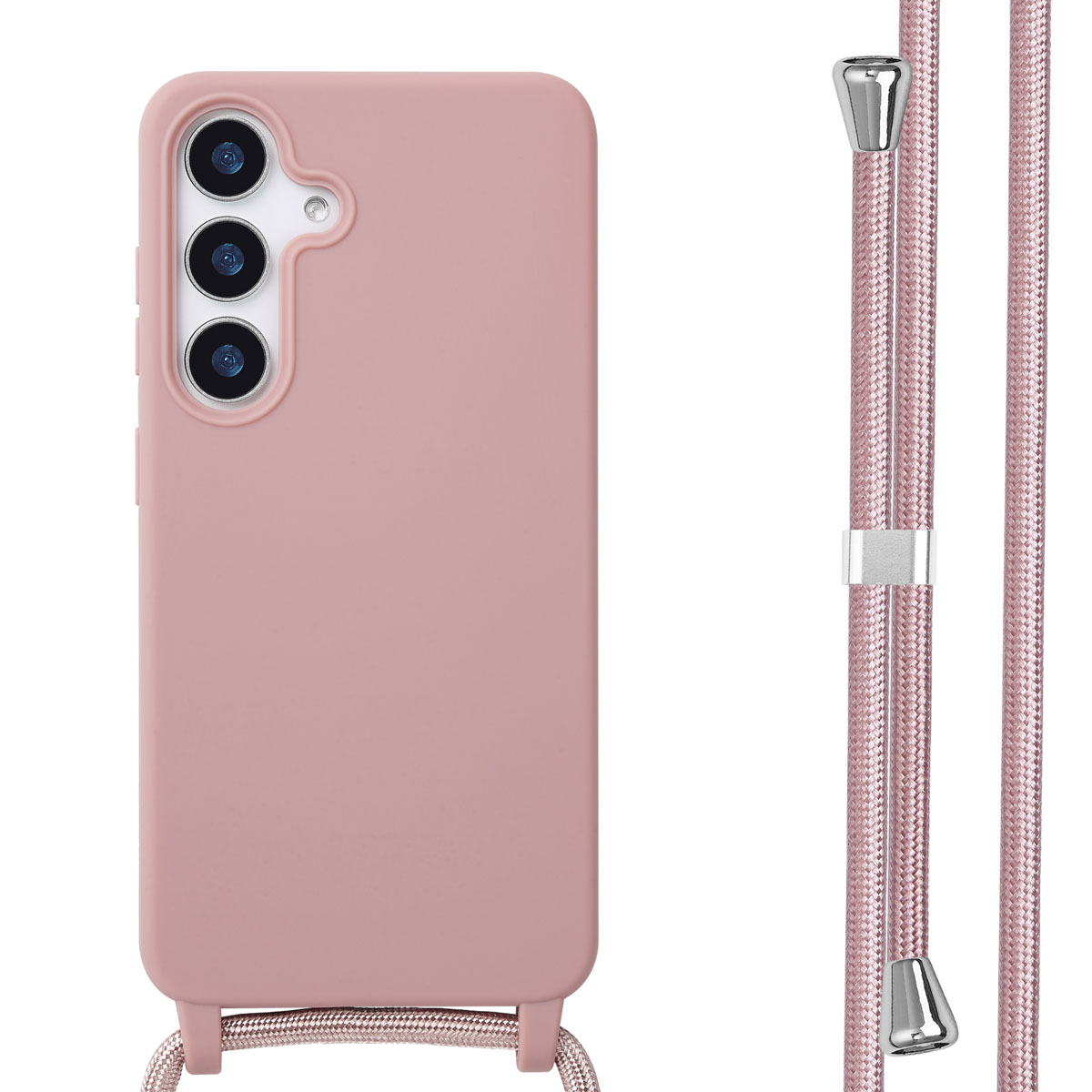 Roze telefoonhoes met een koord. De hoes is effen roze en het koord is roze.