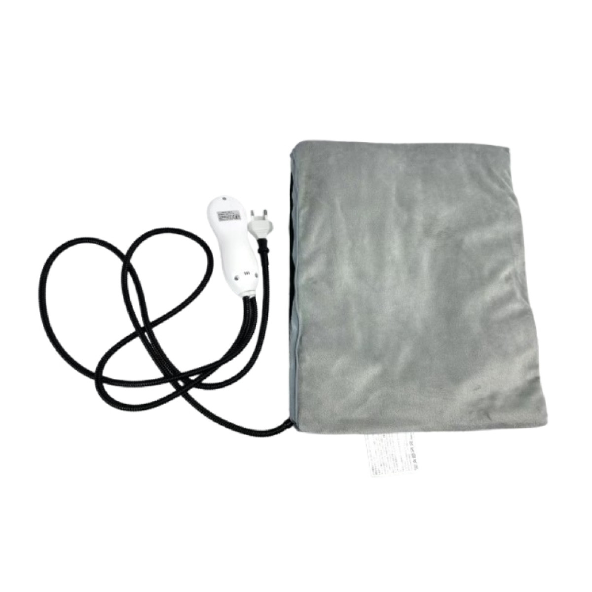 Almohadilla térmica gris con control y cable de alimentación sobre una superficie blanca.