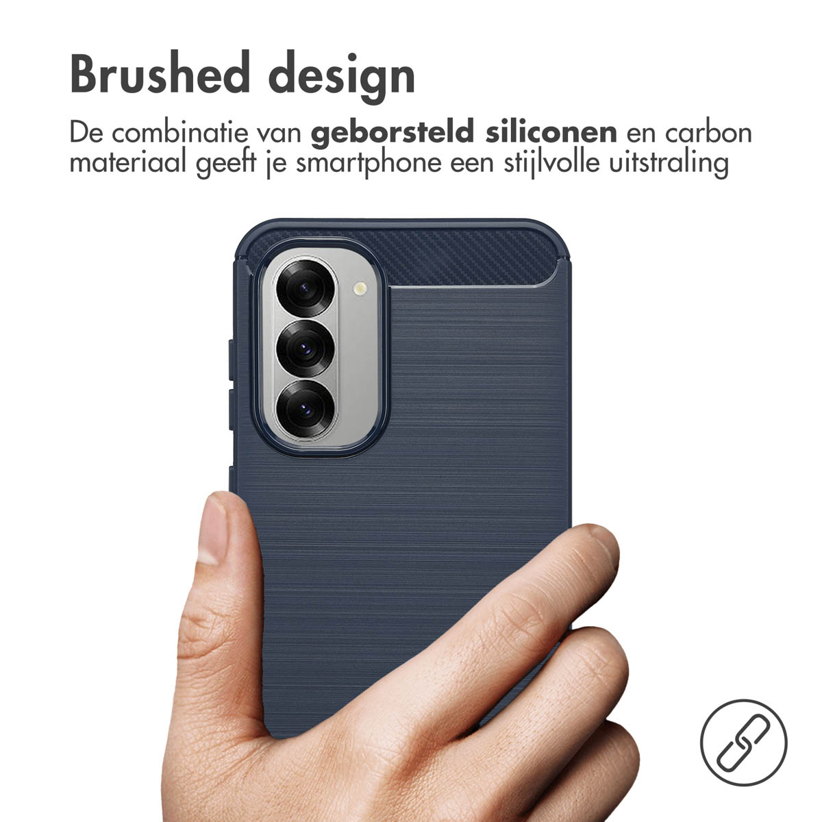 Hand holding a phone in a blue case. The case has a brushed design.