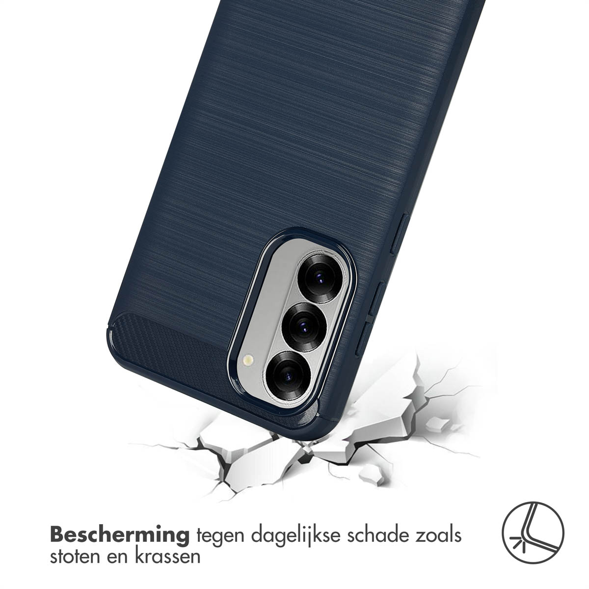 A navy blue phone case. The phone case is broken and shows the back of the phone.