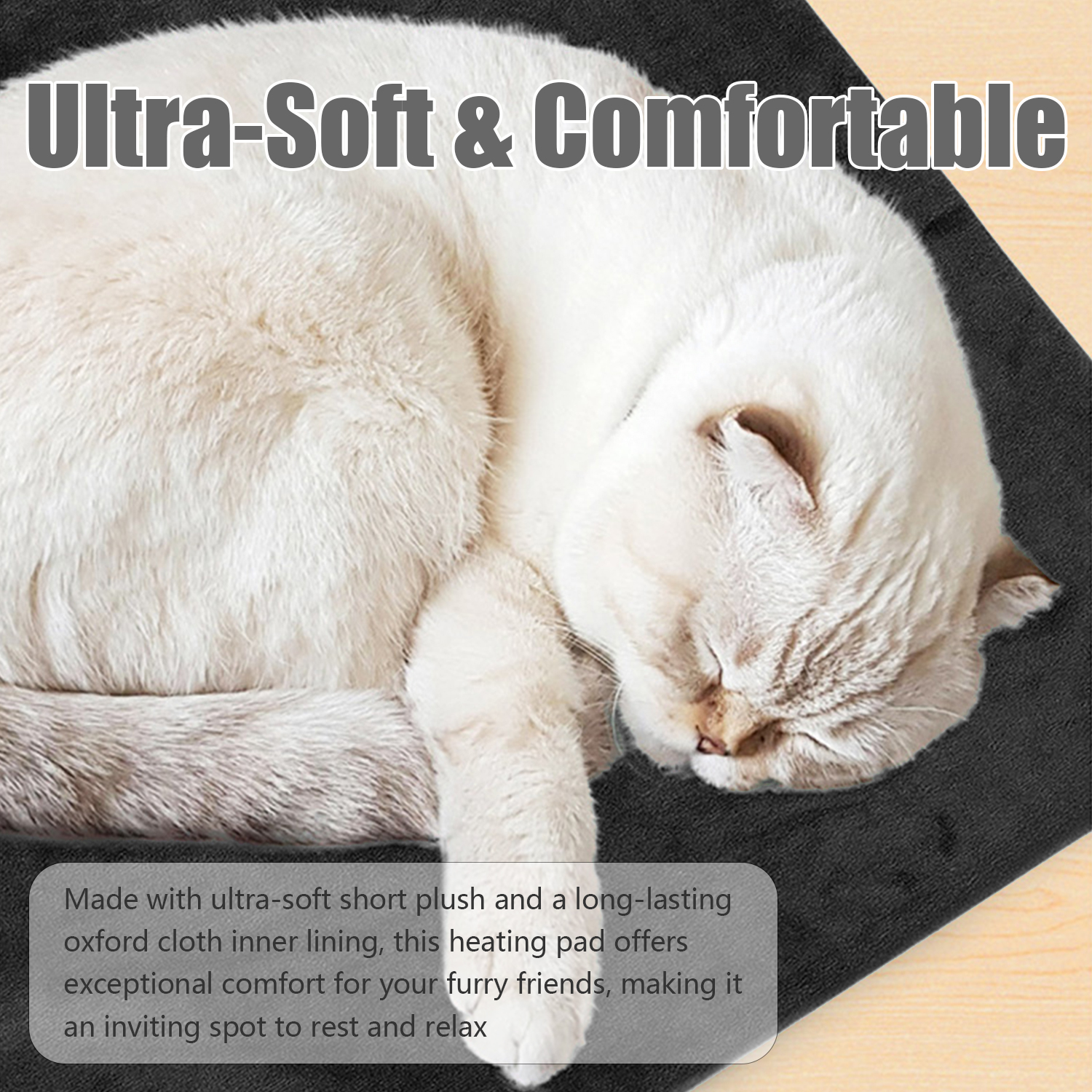 Un gato blanco durmiendo sobre una almohadilla térmica negra. El texto dice 'Ultra-Soft & Comfortable'.
