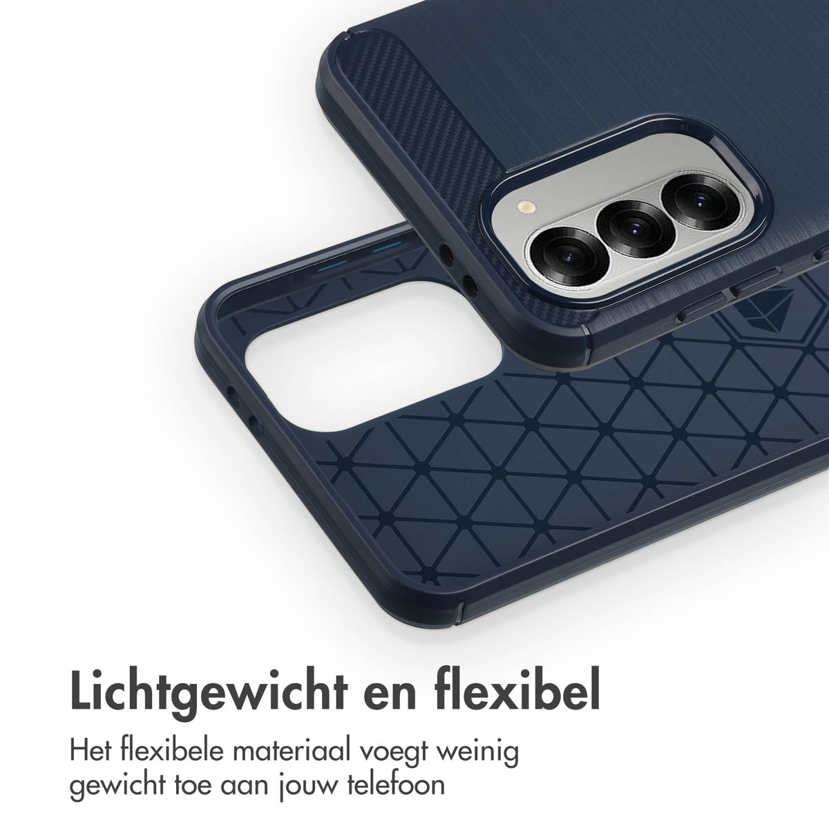 A dark blue phone case. The case is open, showing the interior. Text says, "Lightweight and flexible."