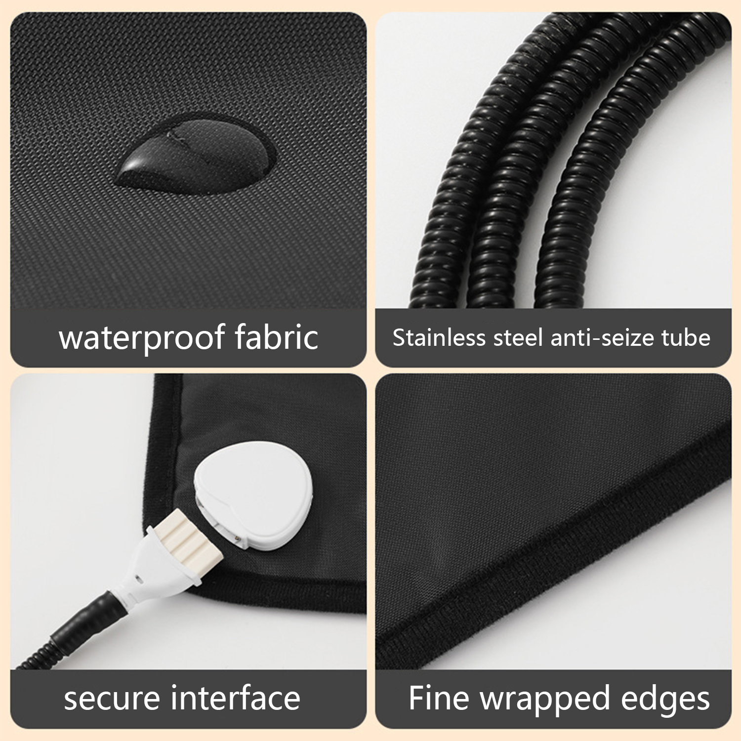 Primer plano de tela impermeable, tubo antiadherente, interfaz segura y bordes envueltos.