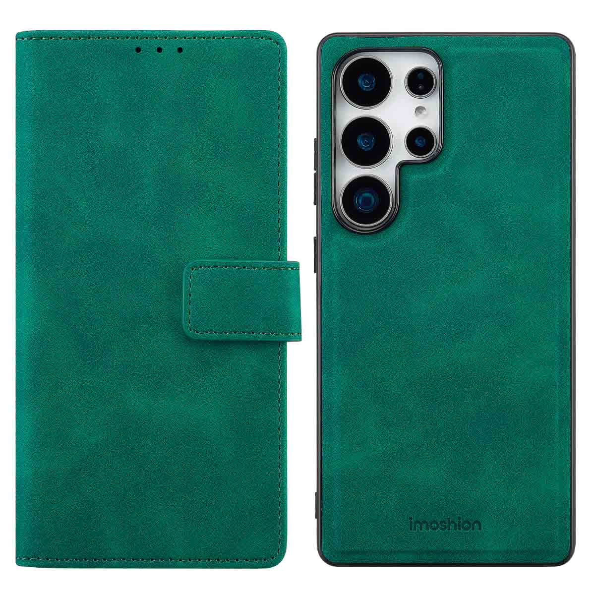 Groene telefoonhoes open. De telefoon zit erin. De hoes heeft een magnetische sluiting.