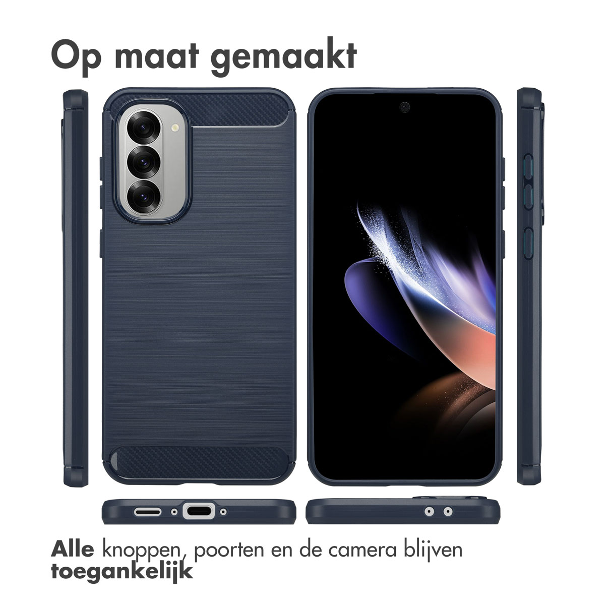Multiple views of a dark blue phone case with a phone inside, and text in Dutch.