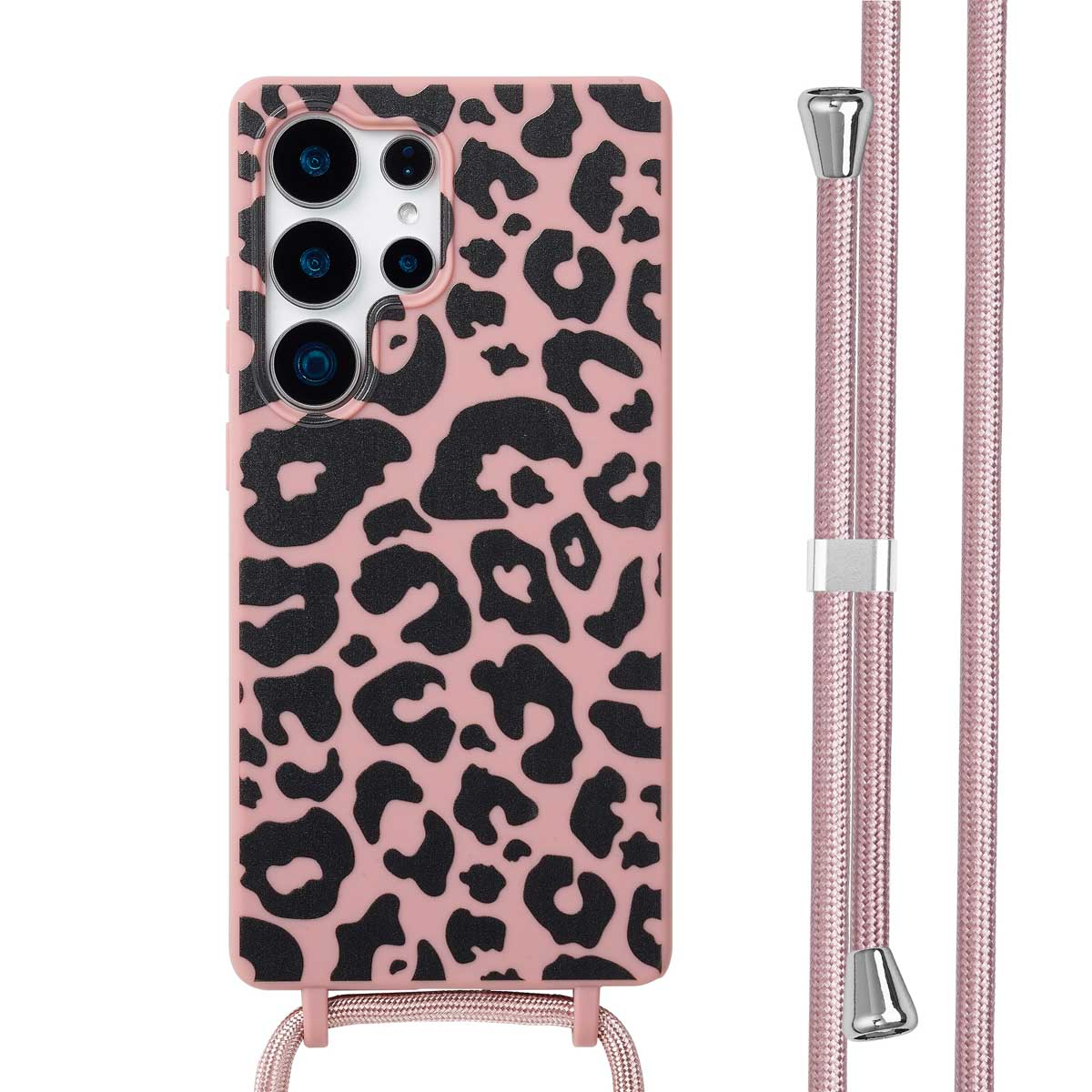 Roze telefoonhoes met zwarte luipaardprint en roze koord. Telefoon zit in de hoes.
