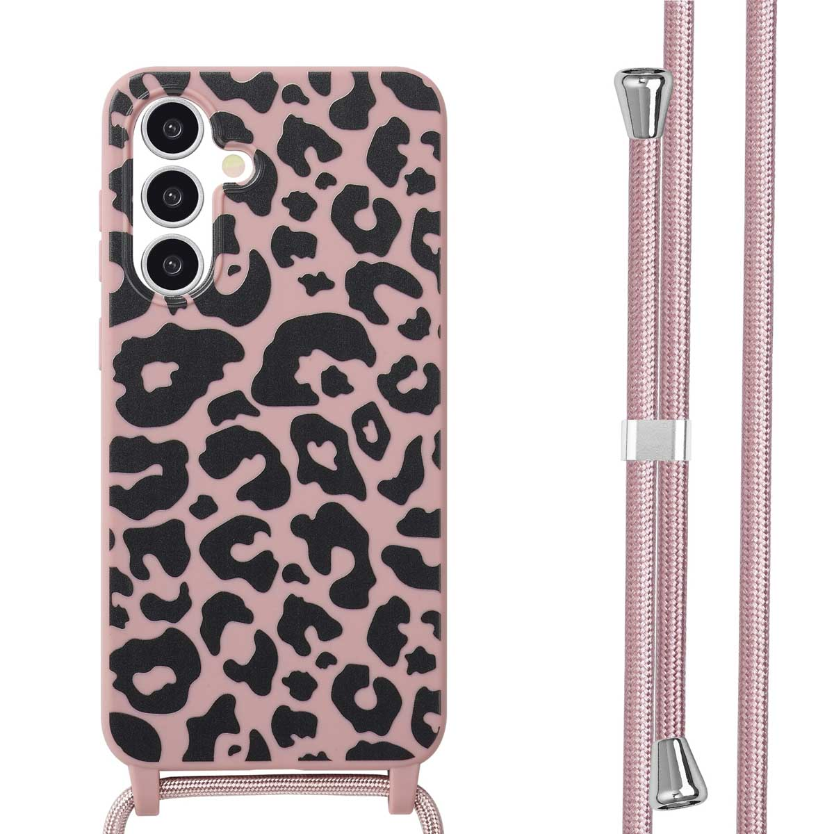 Roze telefoonhoesje met zwarte luipaardprint. Er is een roze koord bevestigd om te dragen.