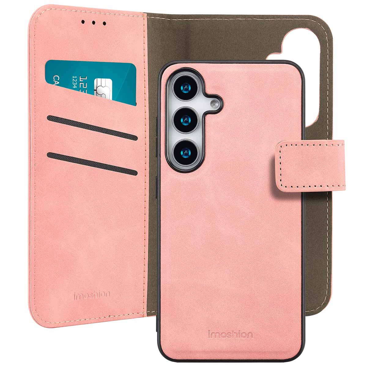 Pink phone case, with phone inside. The case has card slots. The background is green.