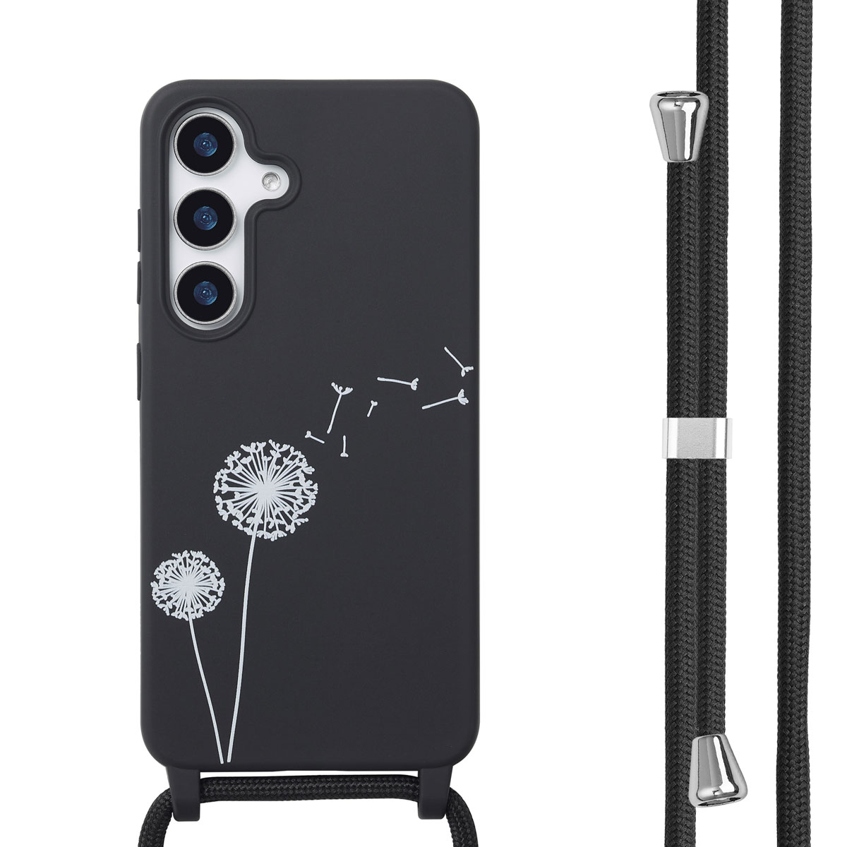 Coque de téléphone noire avec motif pissenlit blanc et cordon noir attaché.