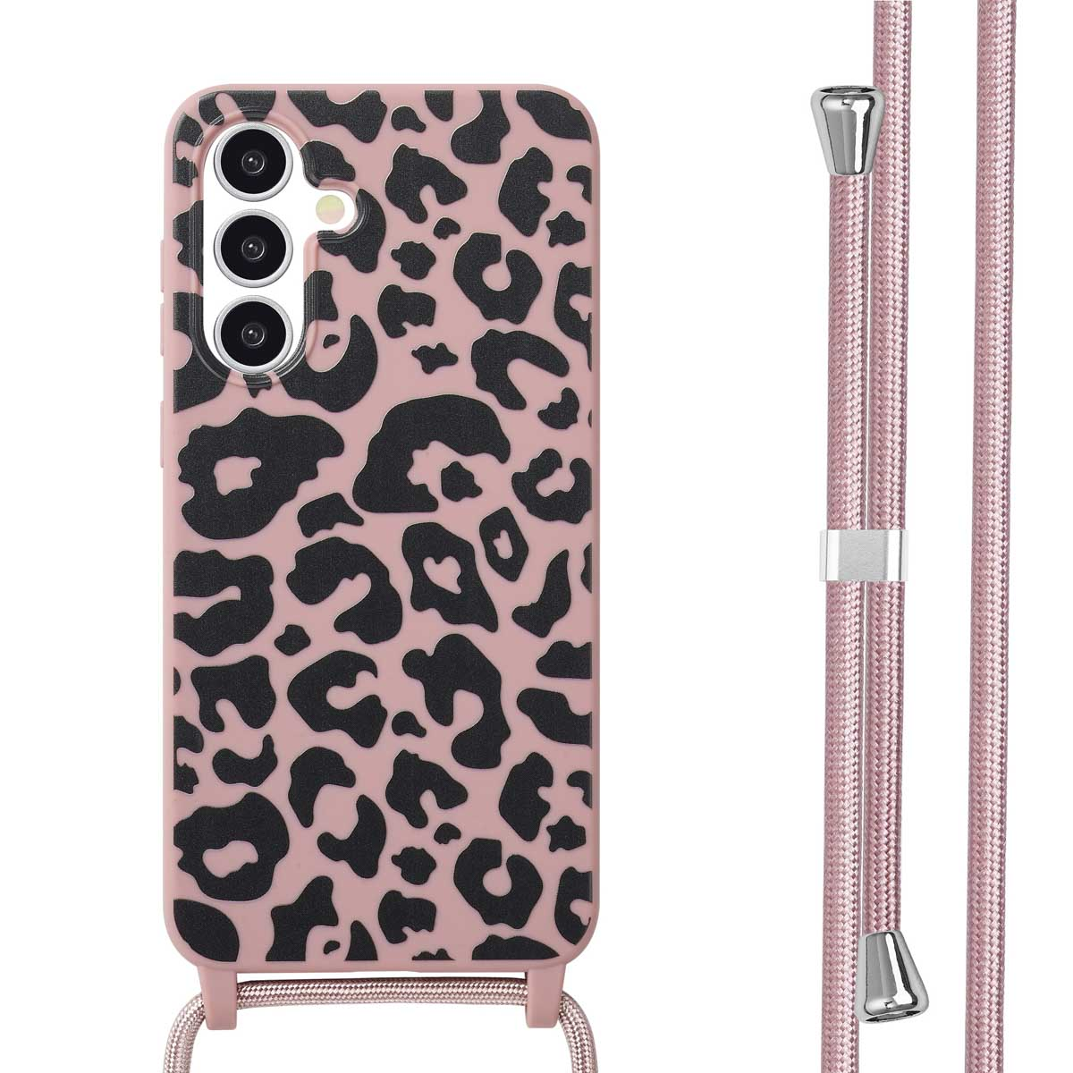 Roze telefoonhoesje met zwarte luipaardvlekken. Een bijpassend roze koord is bevestigd.