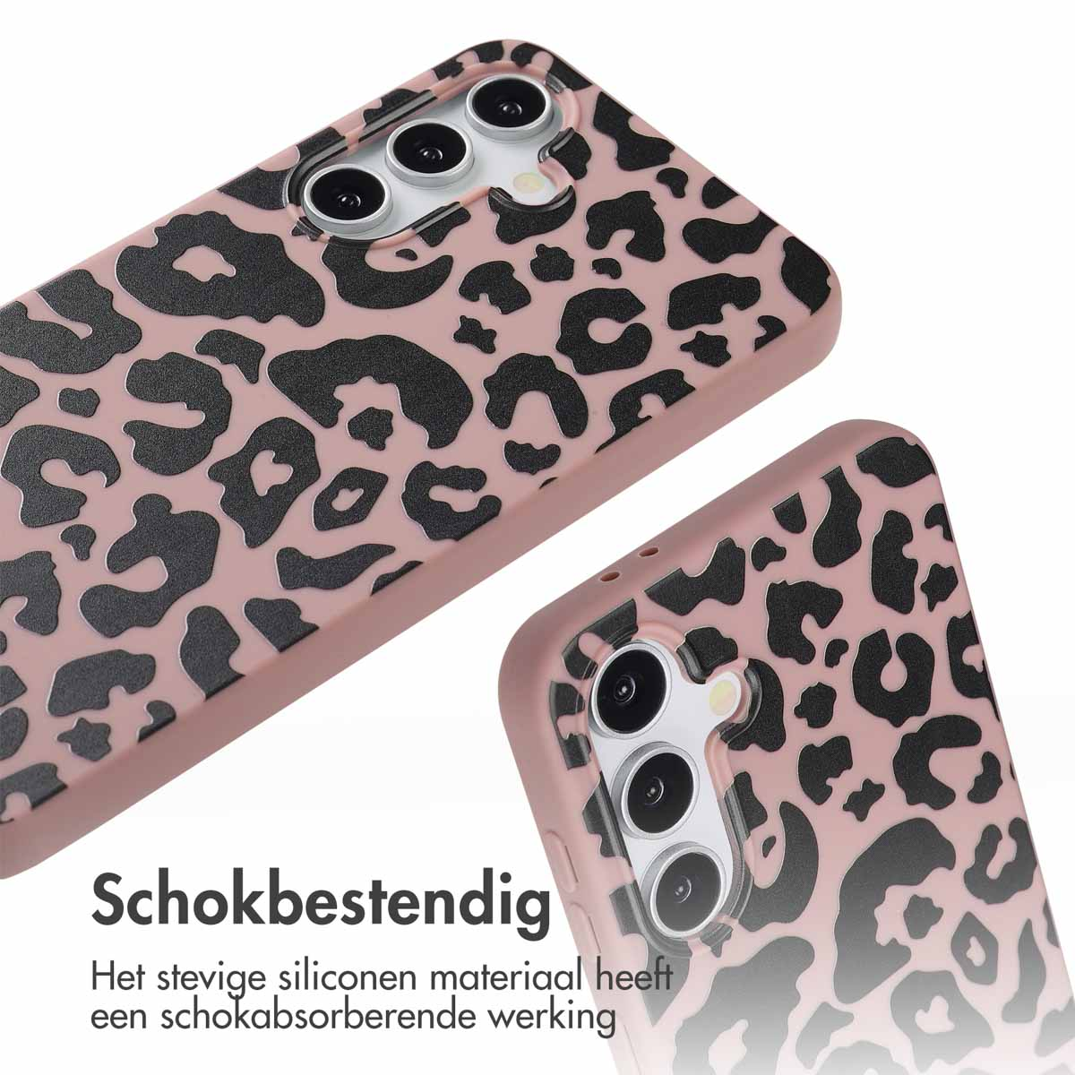 Roze telefoonhoes met zwart luipaardprint. Tekst zegt "Schokbestendig".