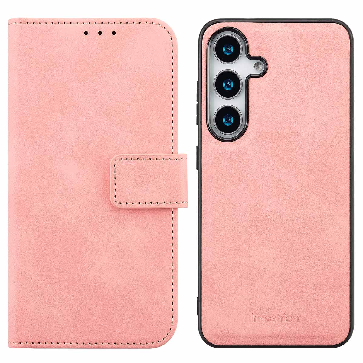 Pink phone case, wallet style. Phone is on the right. The case has a front flap and button closure.