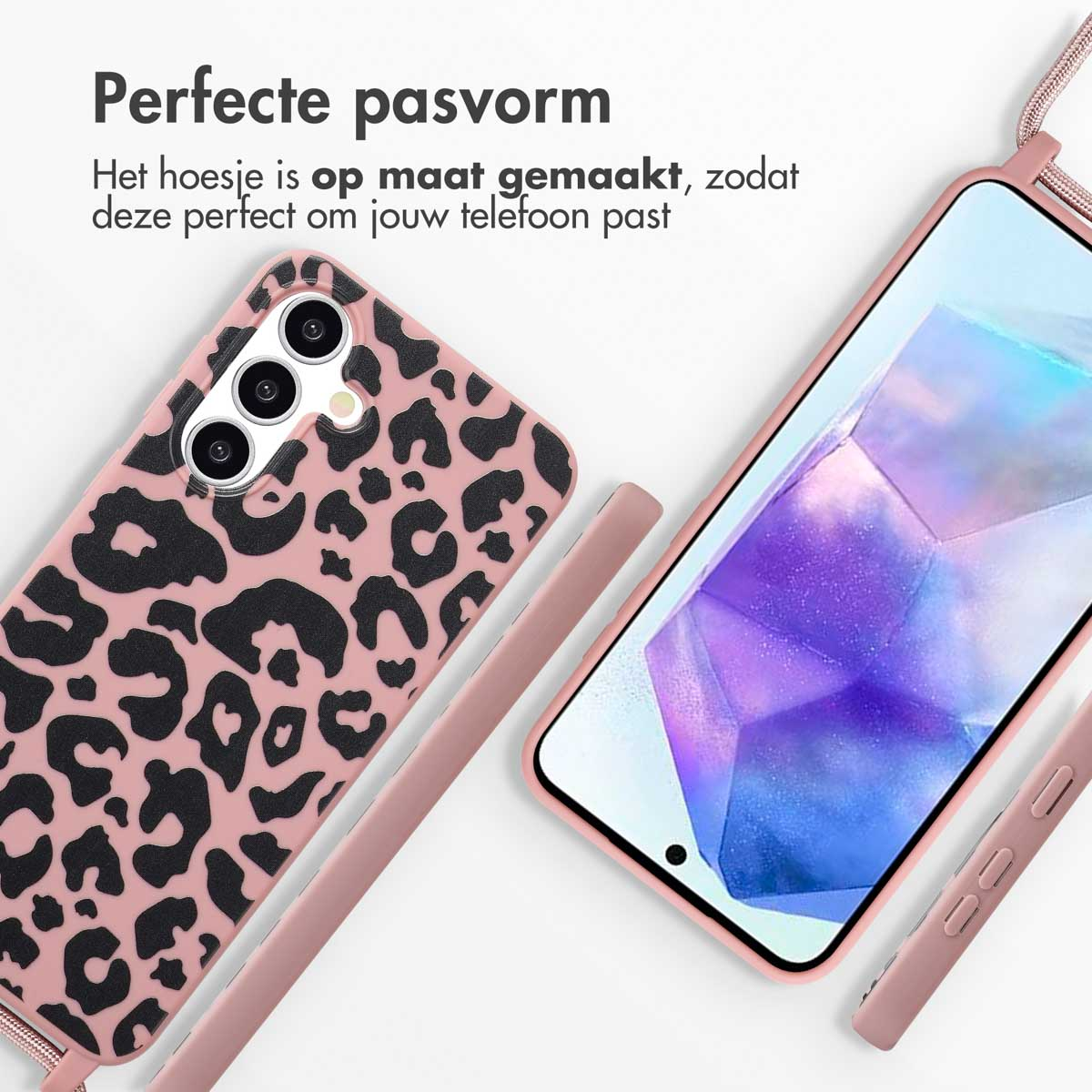 Roze telefoonhoesje met zwarte luipaardprint. Een roze telefoon en een bandje.