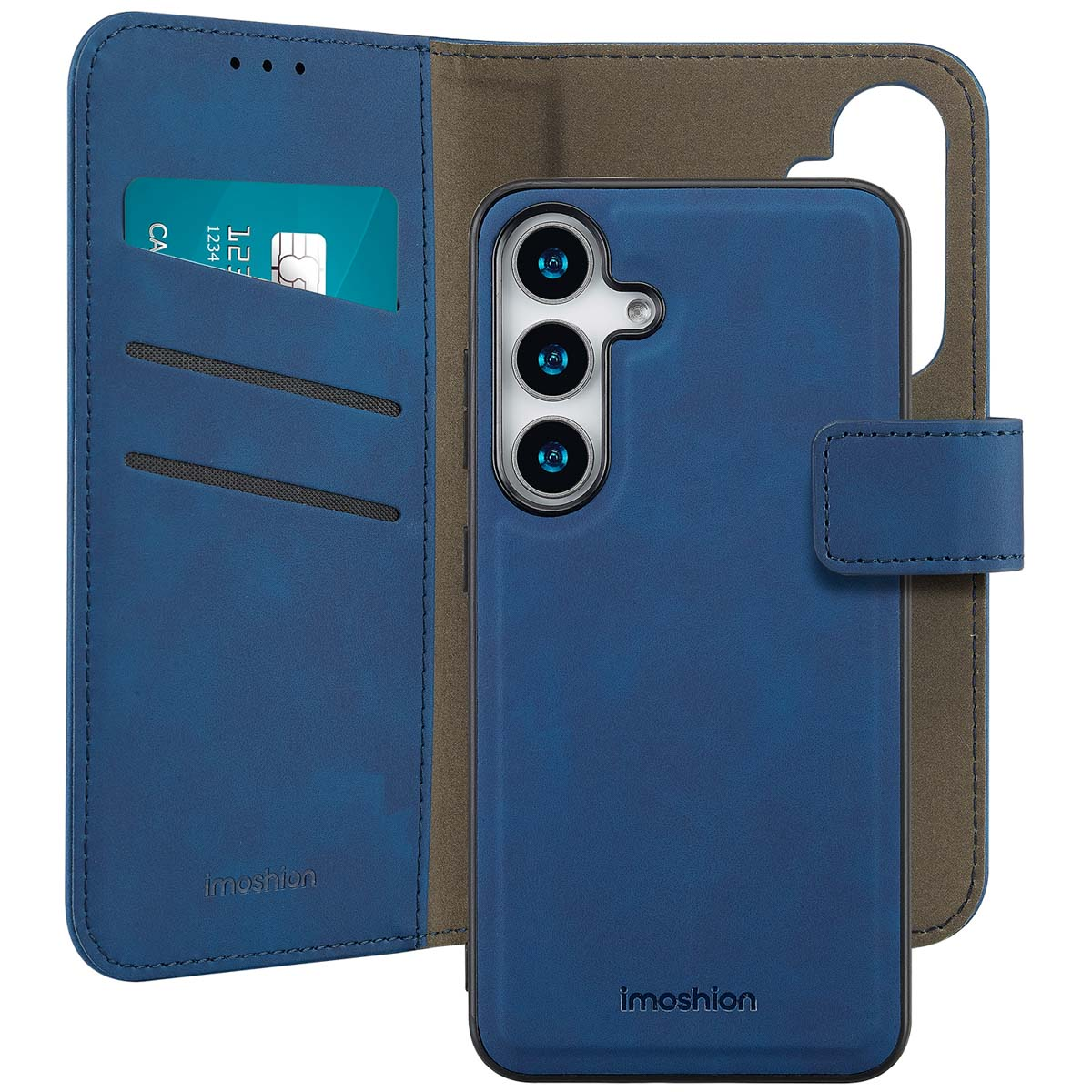 Blue phone case open. Phone inside with multiple cameras. The case has a magnetic closure.