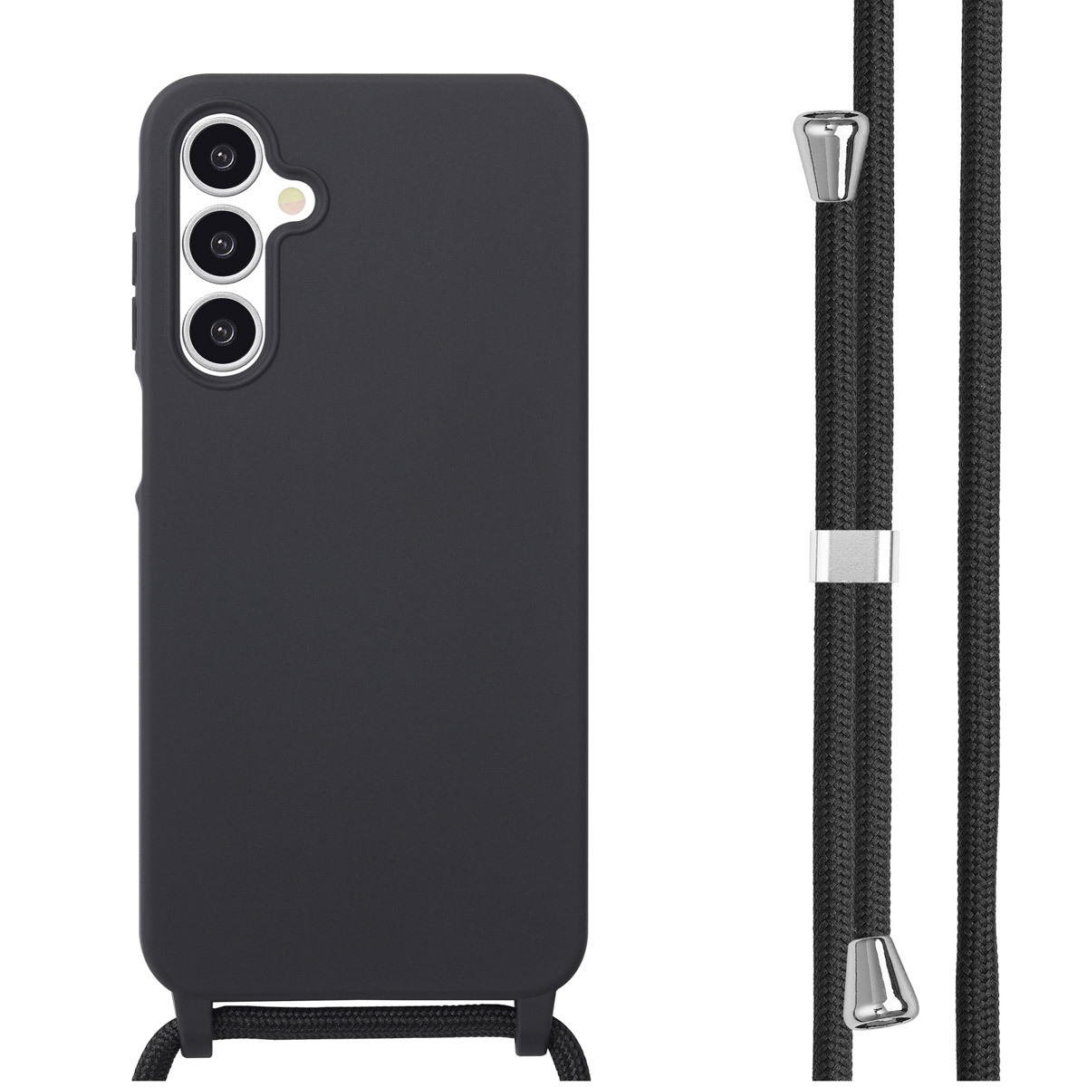 Zwarte telefoonhoes met een koord. De telefoonhoes heeft een camerabult. Het koord is zwart.