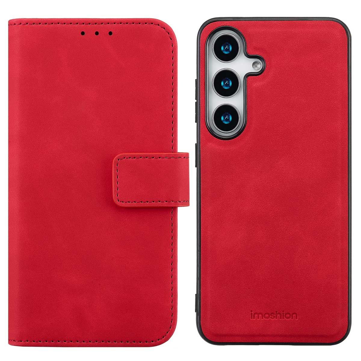 Red phone case, with a wallet design. Has a magnetic closure.