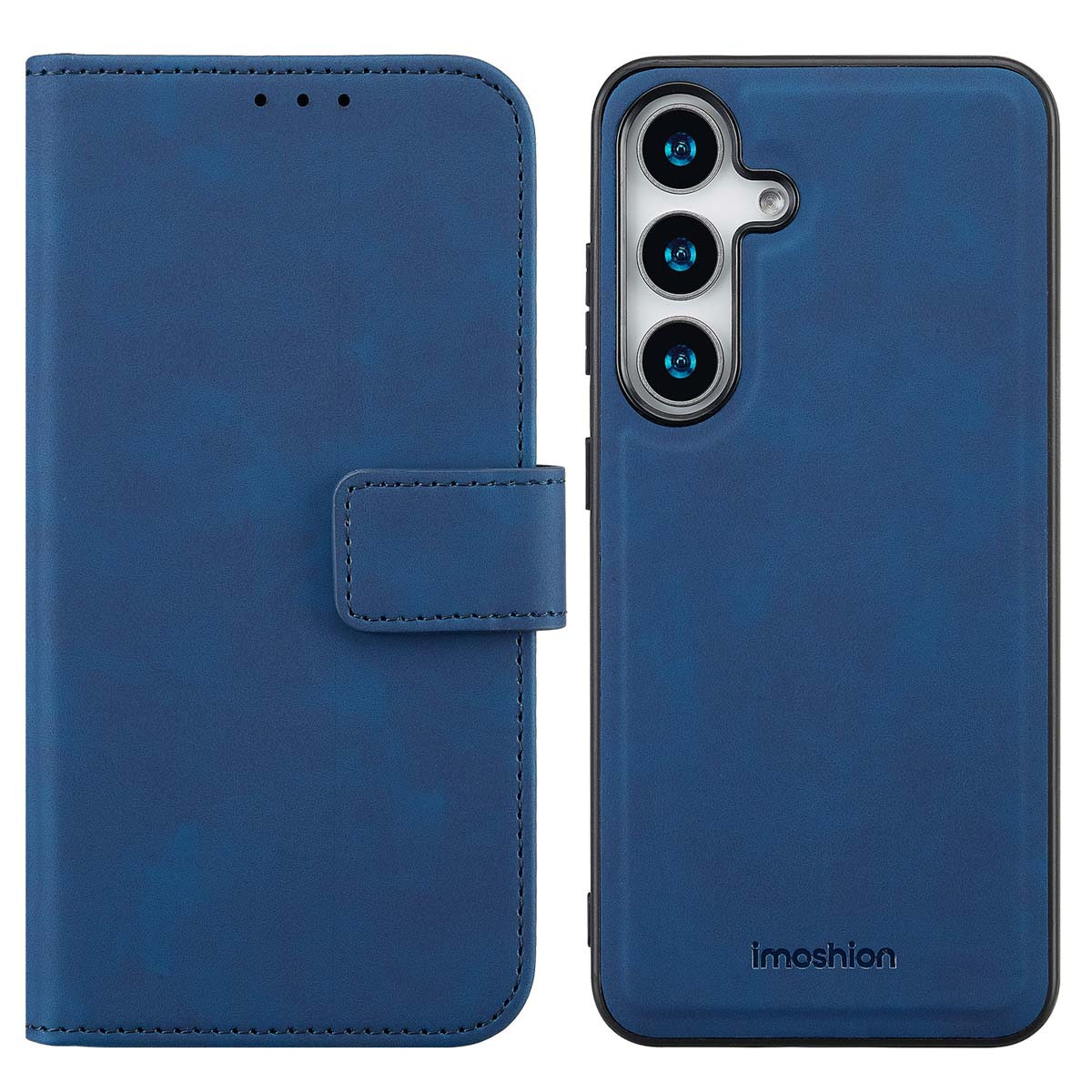 Blue phone case open. The phone is inside. The case has a magnetic closure.