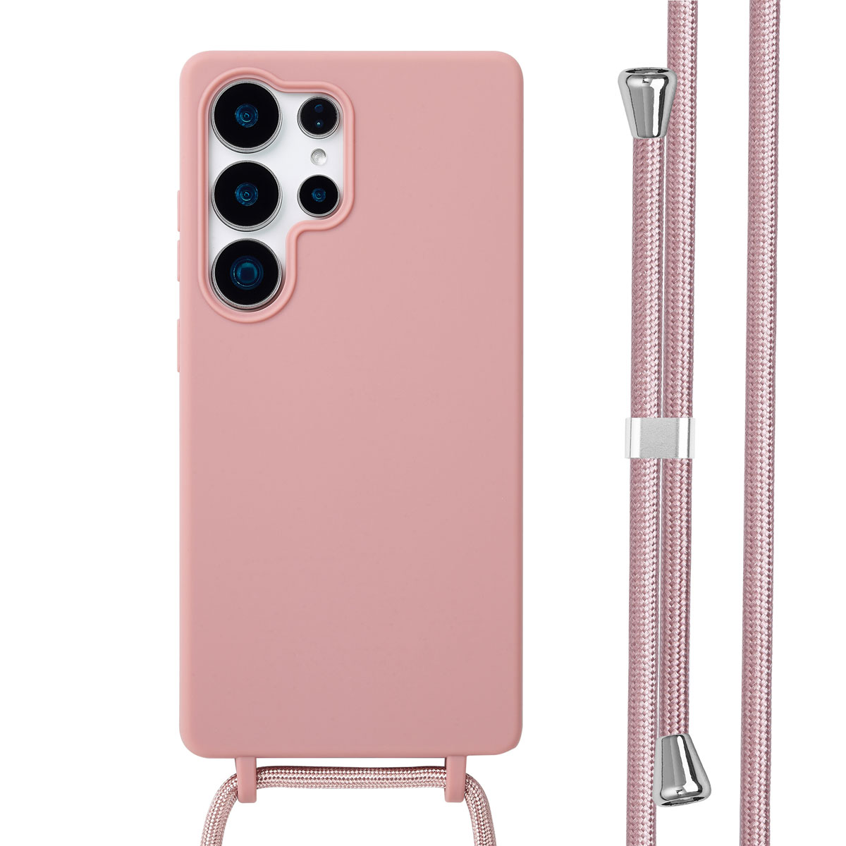 Een roze telefoonhoesje met een roze koord. De hoes heeft camera-uitsparingen. Het koord heeft metalen bevestigingen.
