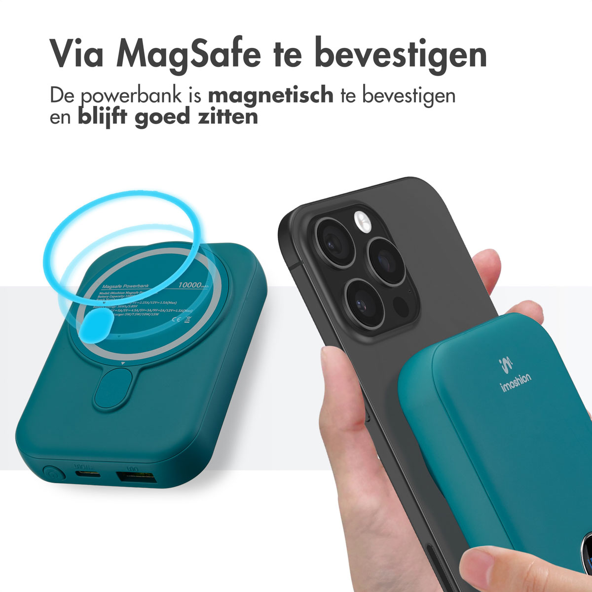 Türkisfarbene Powerbank an einem schwarzen Telefon befestigt, mit türkisfarbenem Ladekreis.