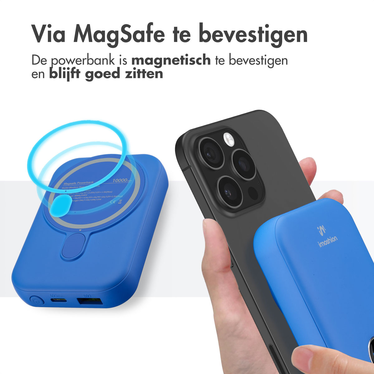 Eine blaue Powerbank in der Nähe eines schwarzen Telefons mit Text über magnetische Befestigung.
