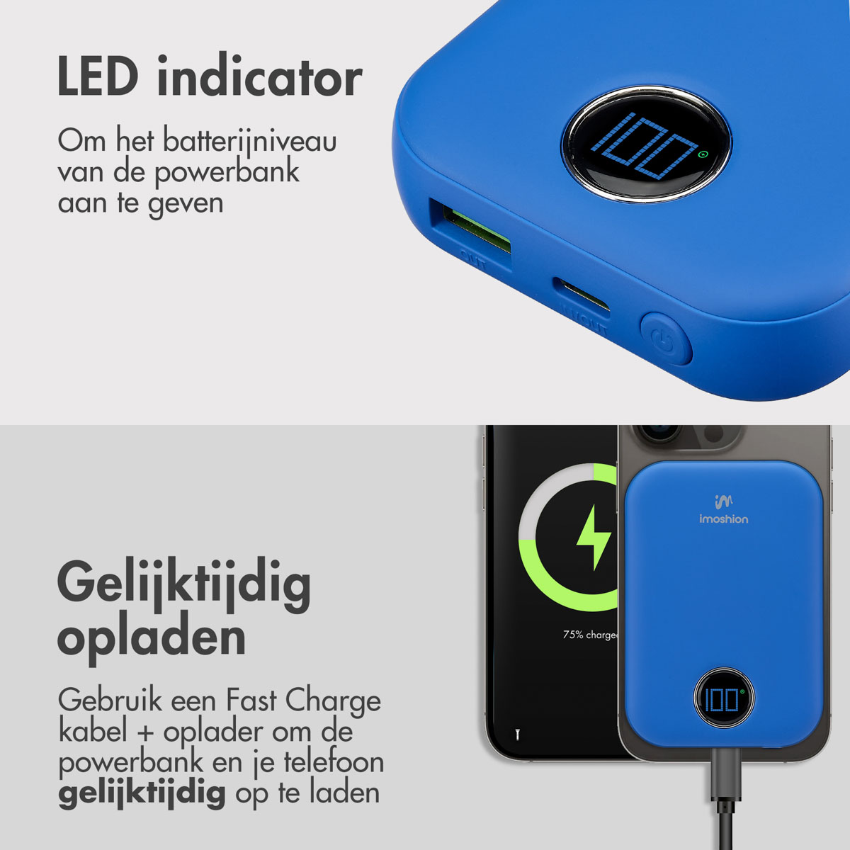 Blaue Powerbank mit Bildschirm, der 100 % anzeigt. Ein Telefon wird davon geladen. Das Telefon ist schwarz.
