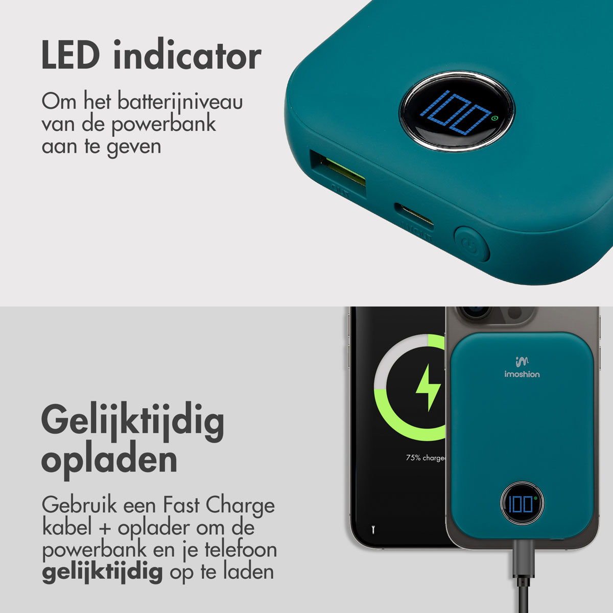 Powerbank mit ladendem Telefon, das einen Ladeprozentsatz anzeigt. Text erklärt gleichzeitiges Laden.