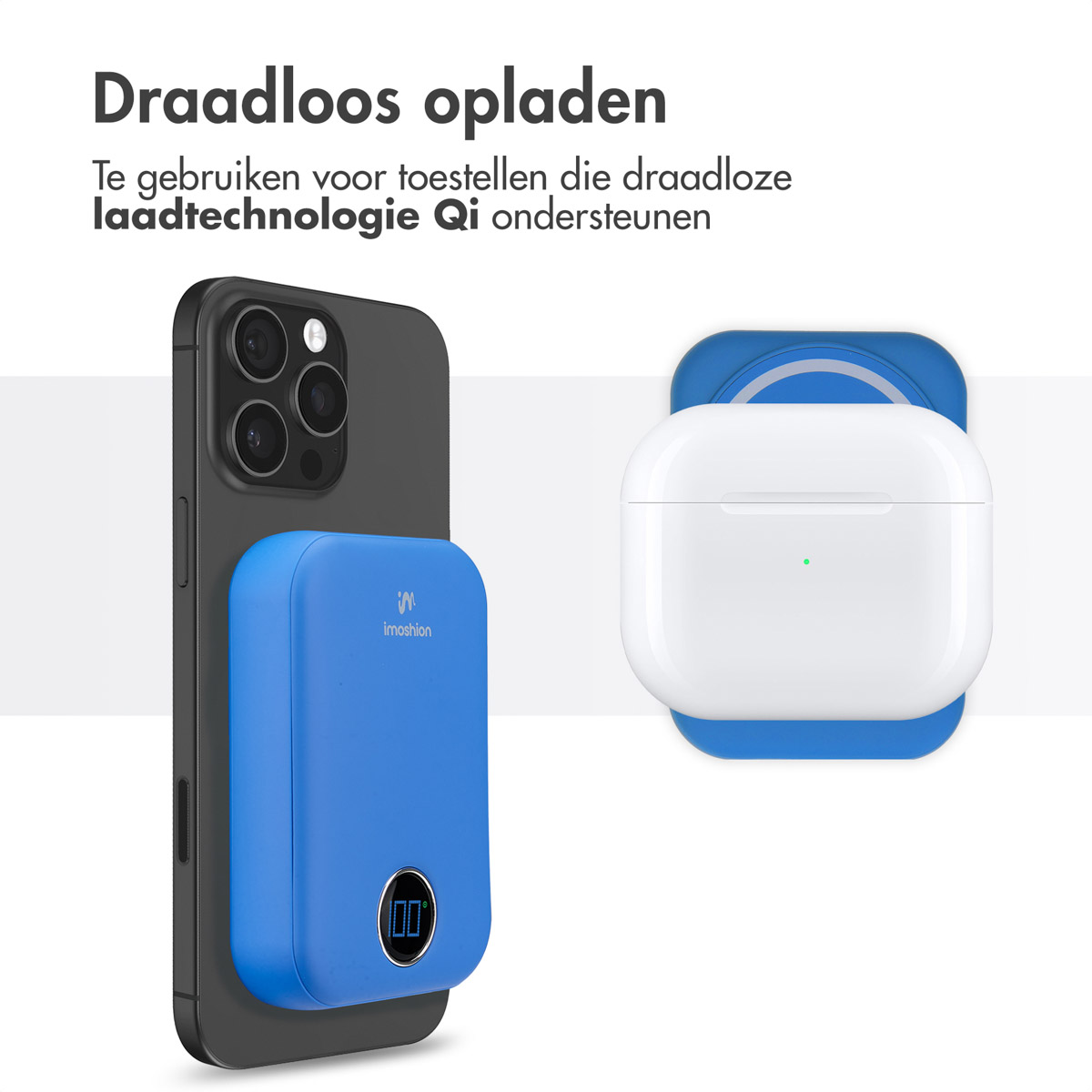 Telefon und AirPods-Hülle werden kabellos aufgeladen. Blauer Ladegerät und weiße AirPods-Hülle.