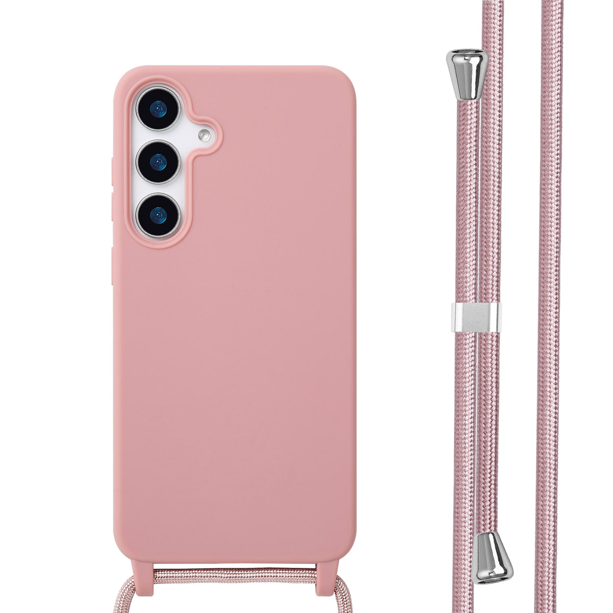 Coque de téléphone rose avec une surface lisse et un cordon rose pour le transport. La coque a trois objectifs.
