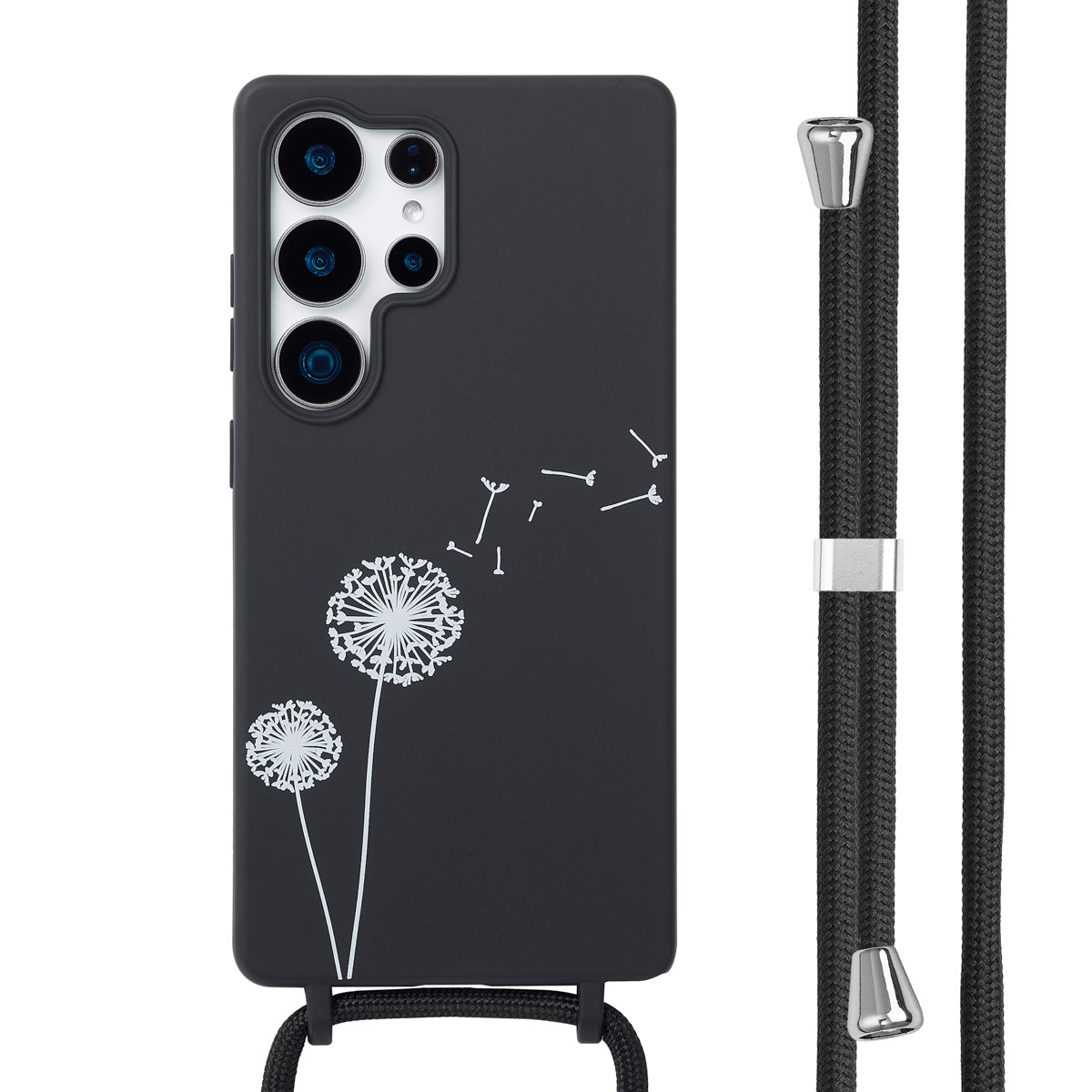 Zwarte telefoonhoes met een paardebloemdesign en een koord. Achtergrond is wit.