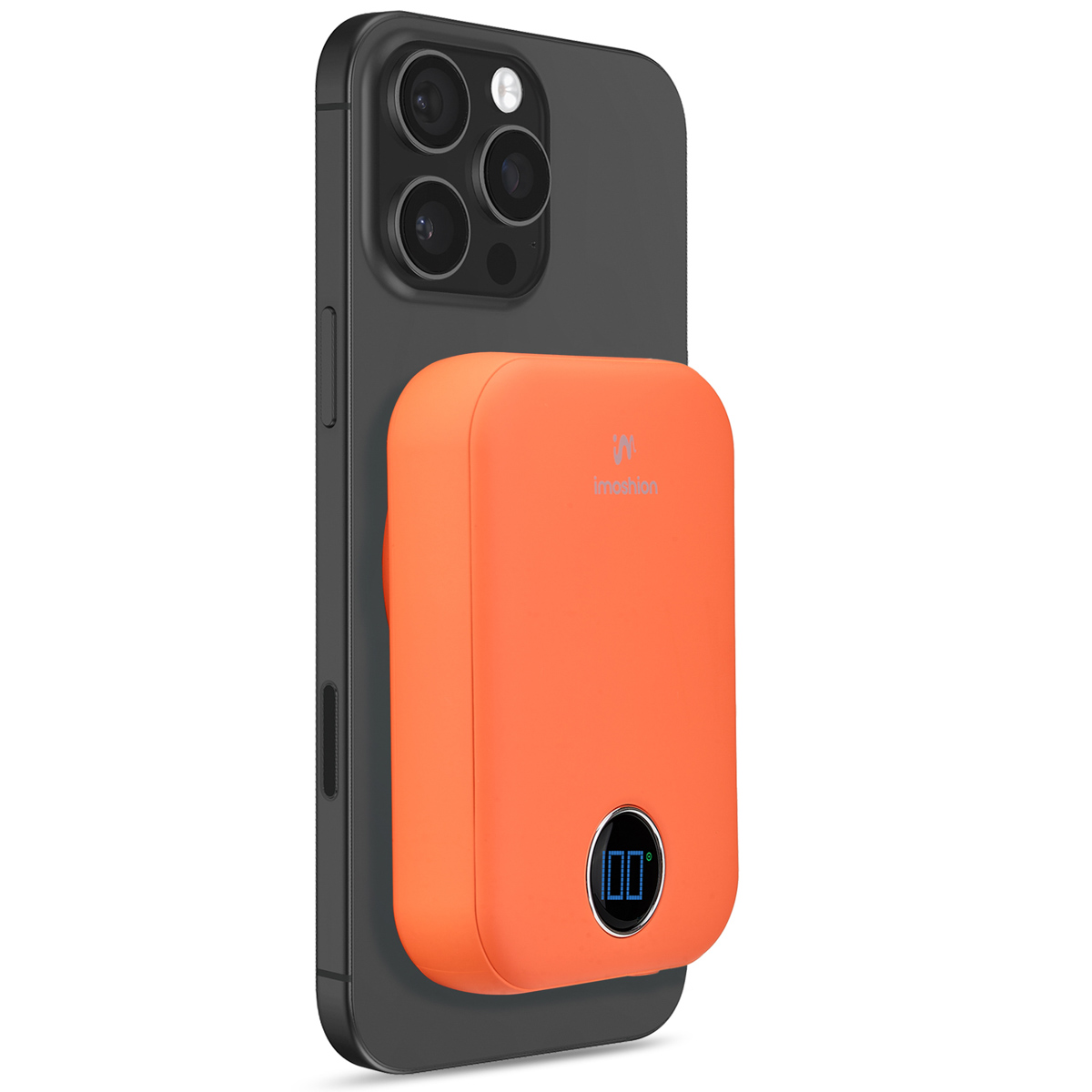 Batterie externe orange fixée à un téléphone noir. La batterie affiche 100% de charge.