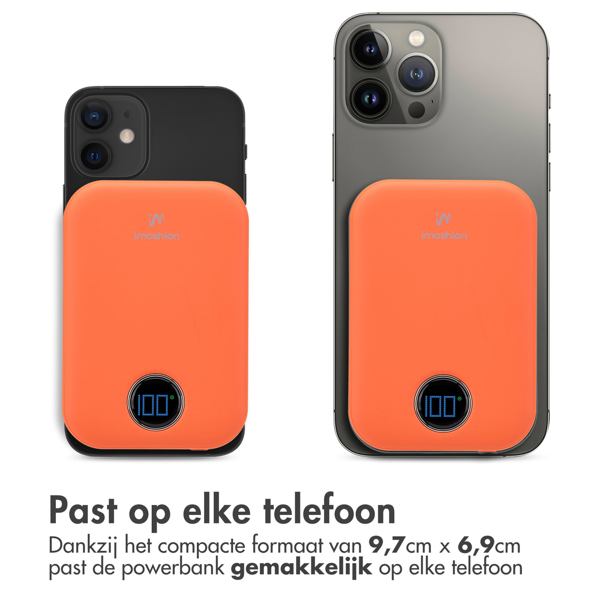 Deux téléphones avec des batteries externes oranges. Un téléphone est noir et l'autre argenté. Les batteries externes sont oranges.