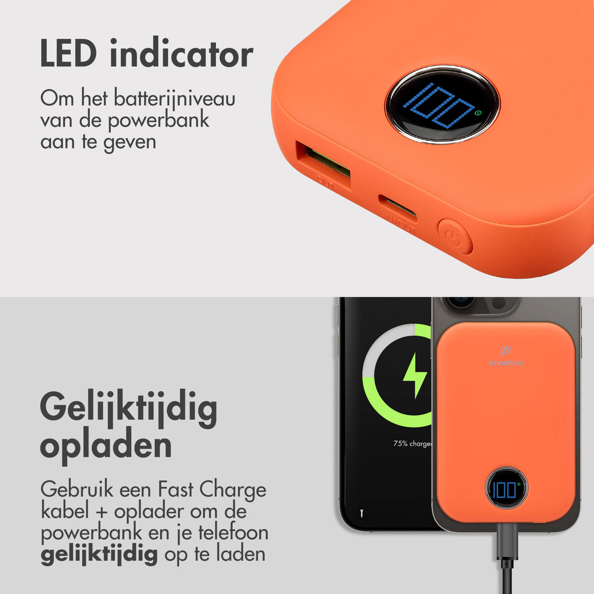 Batterie externe orange avec téléphone en charge. L'indicateur LED affiche 100%.