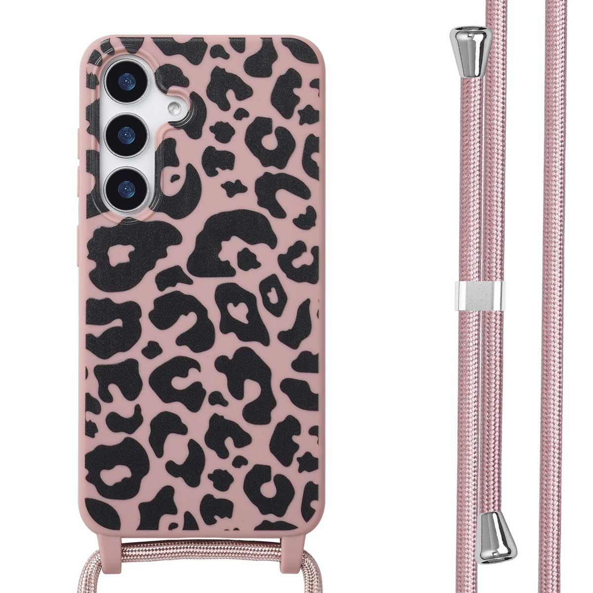 Coque de téléphone rose avec des taches de léopard noires, attachée à un cordon rose avec des fermoirs argentés.