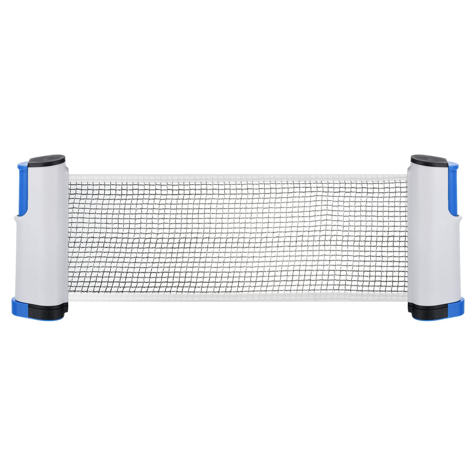 Ein tragbares Tischtennisnetz, weiße und blaue Ständer mit einem schwarzen Netz dazwischen.