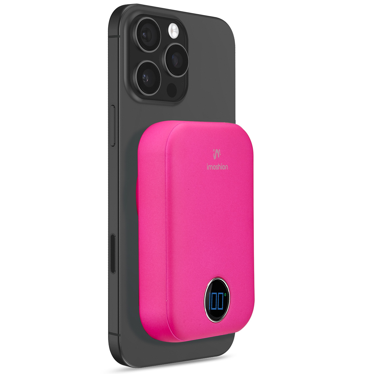 Eine pinke Powerbank ist an einem schwarzen Telefon befestigt. Das Telefon hat eine Kamerahöcker.