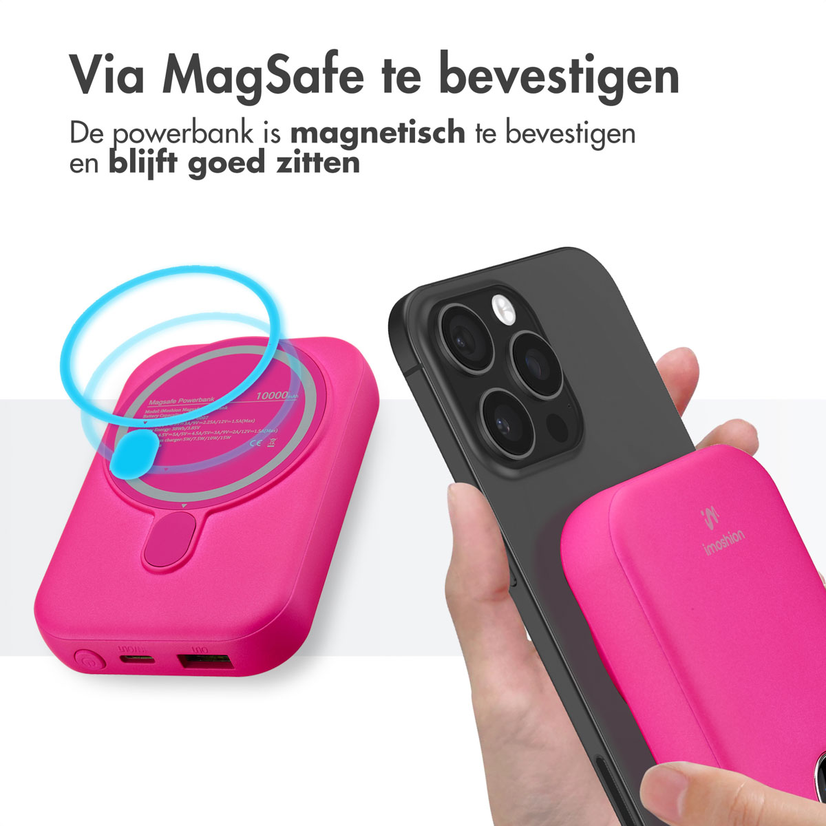 Rosa MagSafe-Ladegerät an einem Telefon, mit niederländischen Textanweisungen.