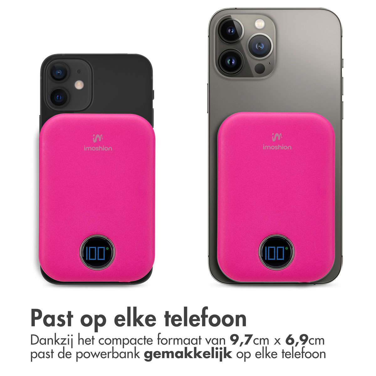 Zwei Telefone mit einer rosa Powerbank, beide zeigen dasselbe Display. Text: Passt auf jedes Telefon.