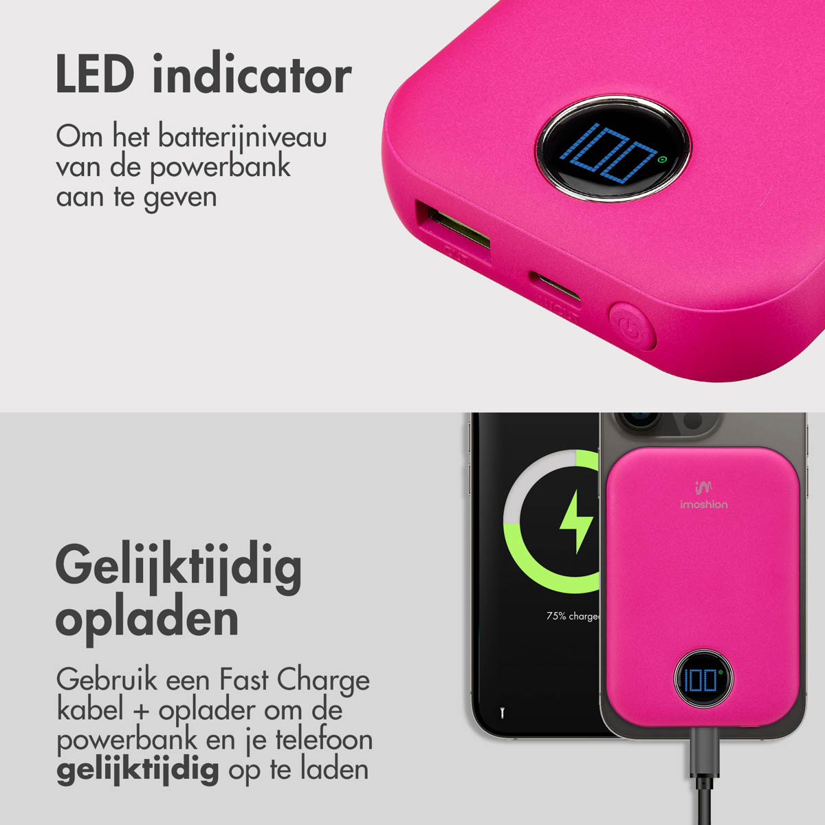 Eine pinkfarbene Powerbank mit einem Bildschirm, der 100% anzeigt. Ein Telefon wird daneben geladen.