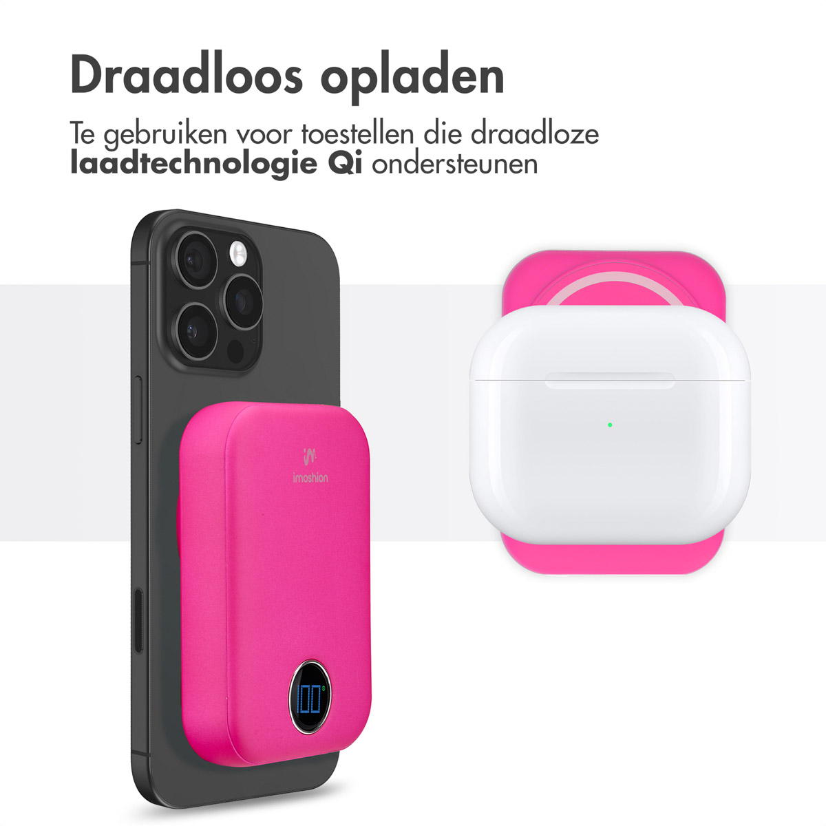 Telefon und Ohrhörer auf einem rosa Ladegerät. Telefon ist schwarz, Ohrhörer sind weiß. Sie liegen auf dem Ladegerät.