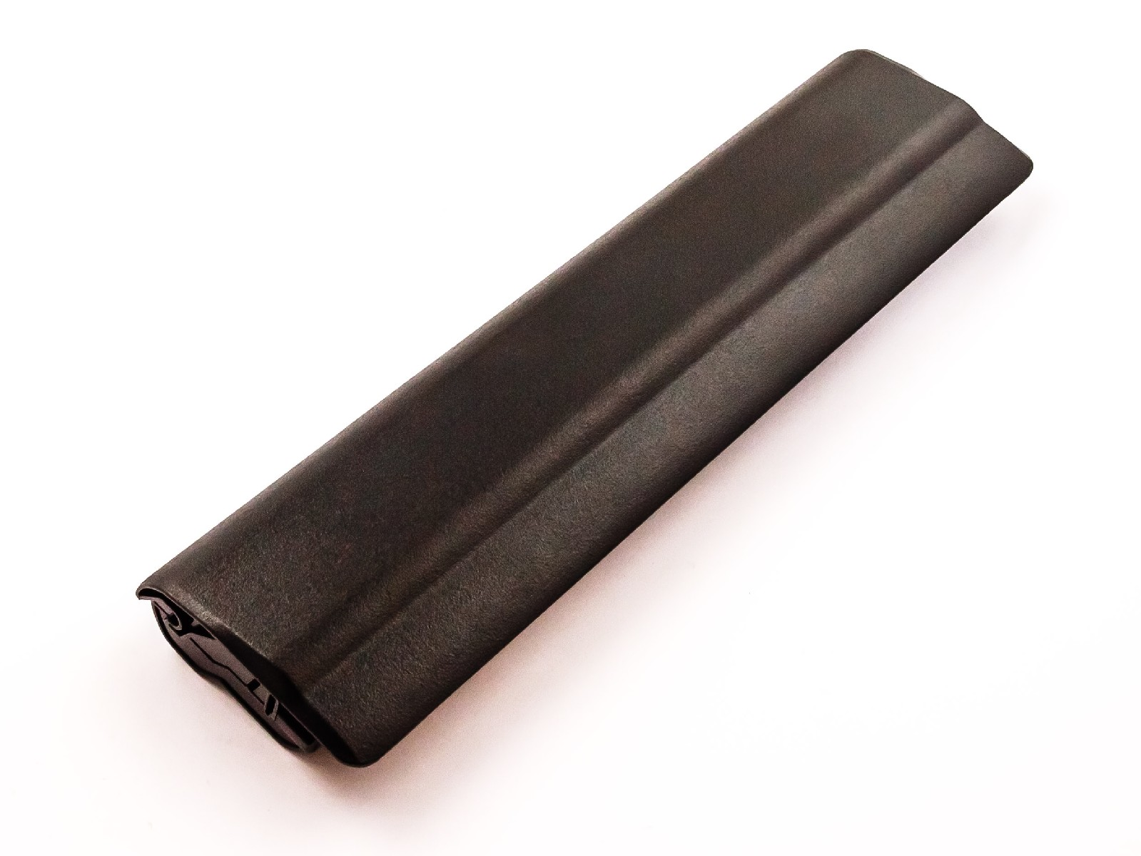 Schwarzer, rechteckiger Gegenstand. Sieht aus wie eine Batterie oder ein ähnliches Gerät, auf weißem Hintergrund.