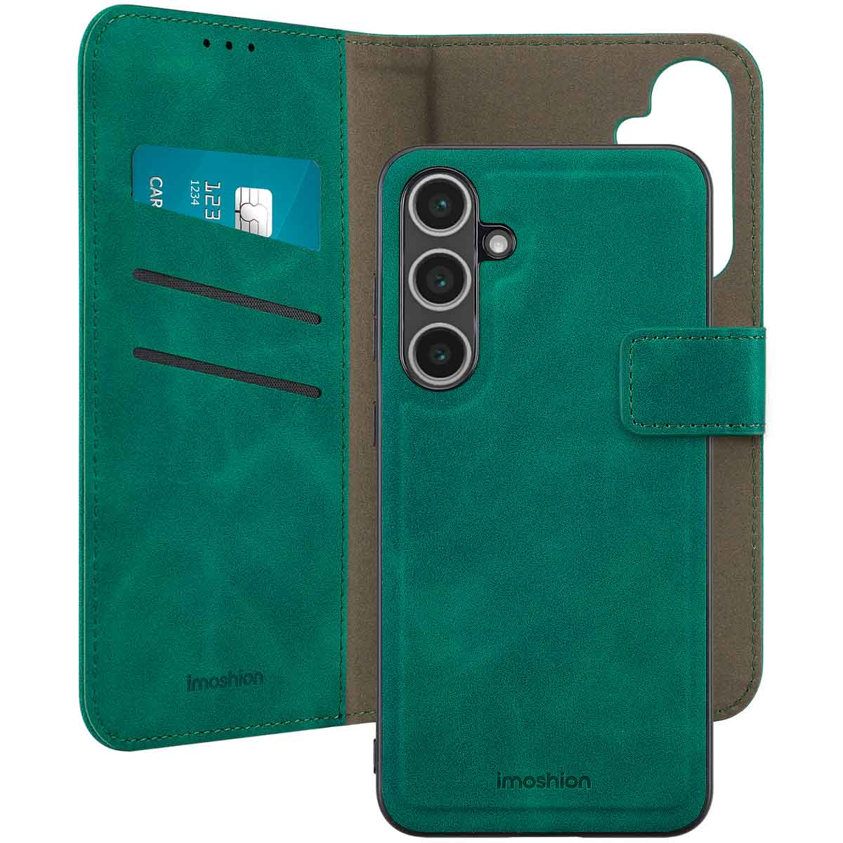 Un étui de téléphone en cuir vert avec une carte de crédit et trois caméras.