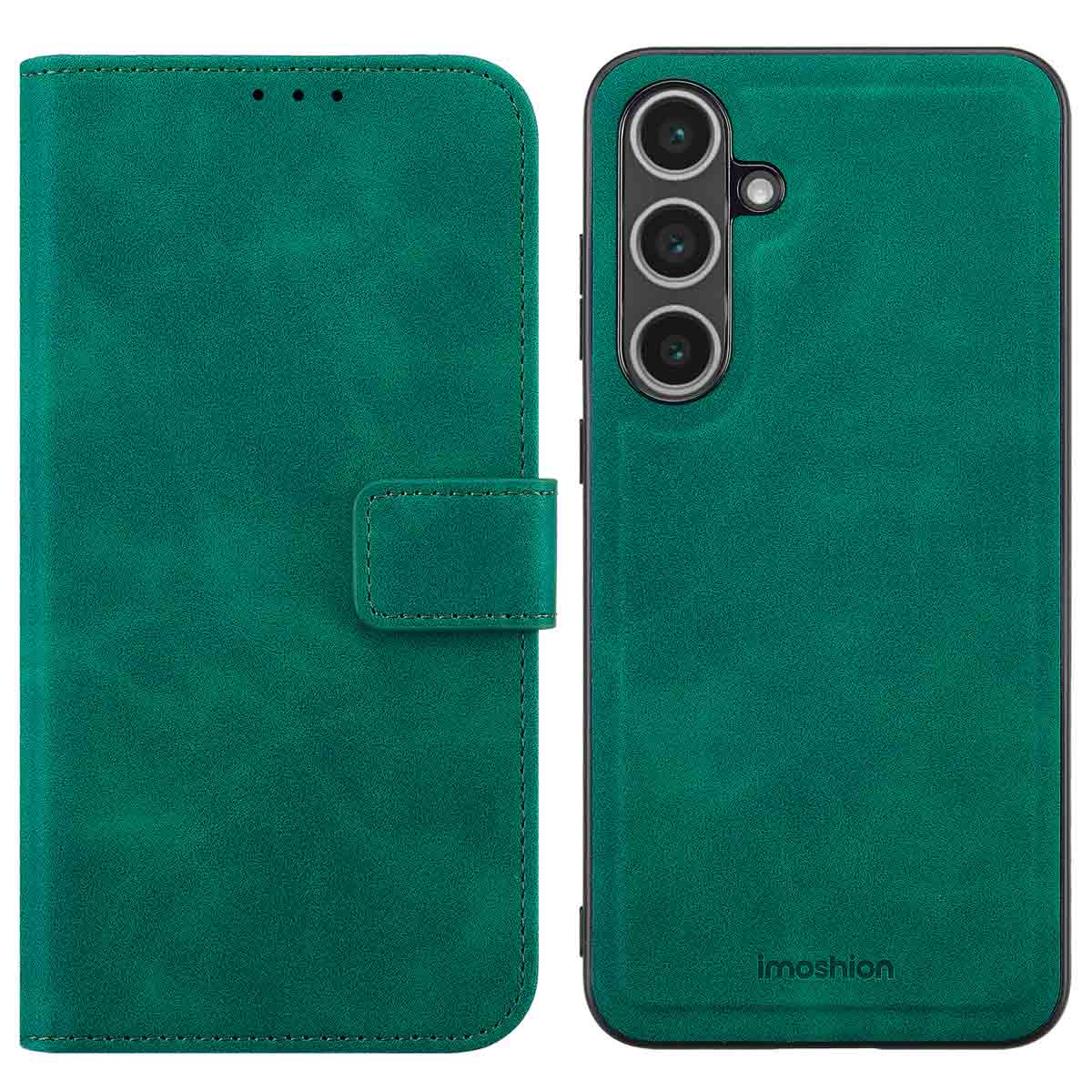 Coque de téléphone en cuir vert avec un téléphone. Le téléphone a trois caméras.